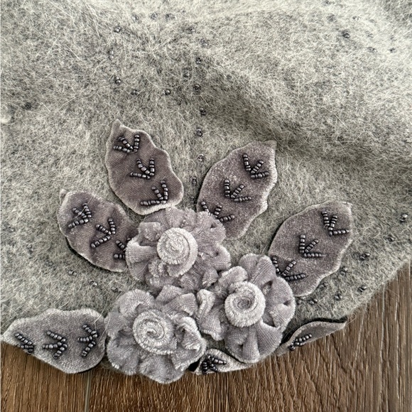 C.C Exclusives Gray Angora Wool Beret Floral Beaded Detail - Picture 3 of 8